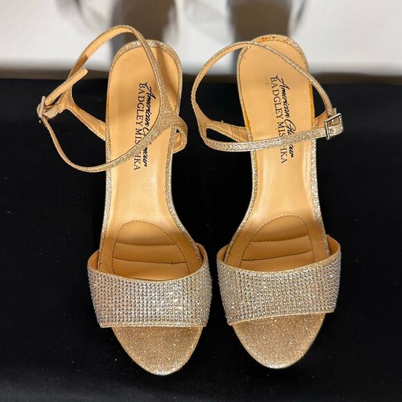 American Glamour Badgley Mischka Gold Glitter Strappy Heels Sz 6 - Picture 1 of 11